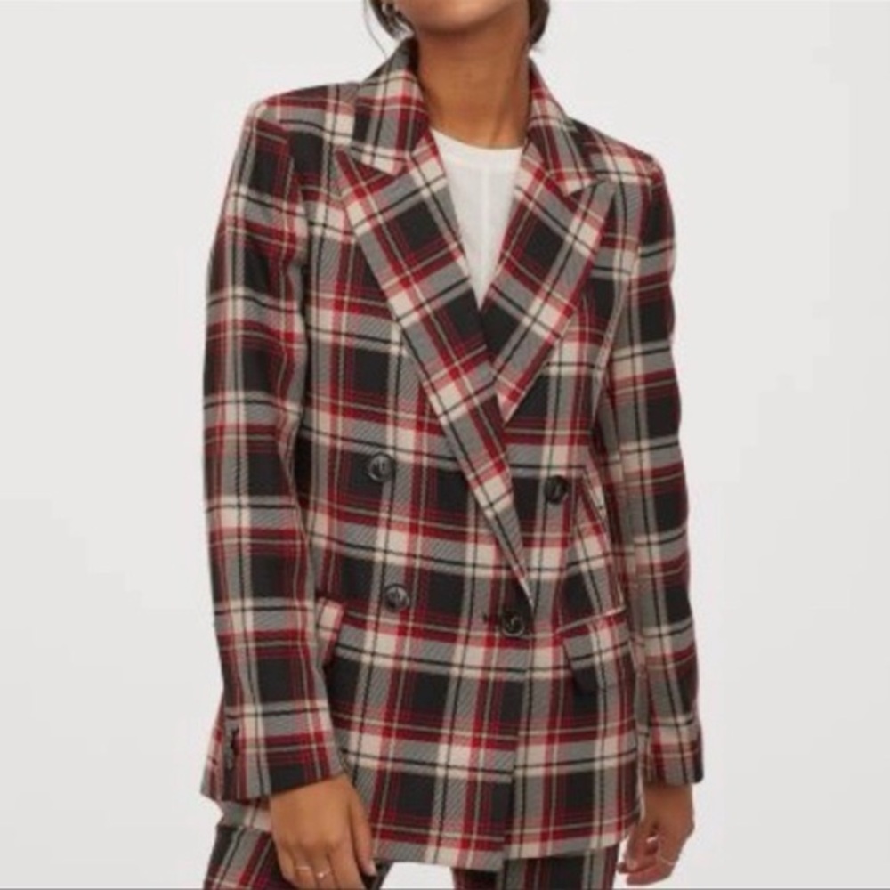 NWOT H&M Classic Preppy Red, Black & Cream Plaid Double Breasted Blazer Jacket 6